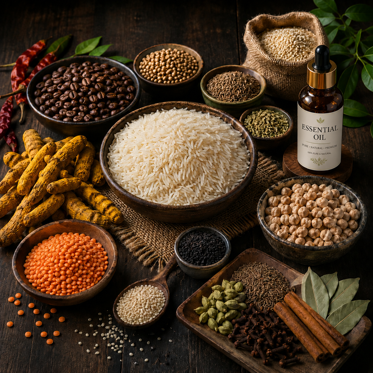 Premium Indian agricultural export products including basmati rice, turmeric, pulses, sesame seeds, coffee beans, whole spices, crystals flakes and essential oils